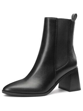 Womens Chelsea Ankle Boots Pointed Toe Chunky Block Heel Tall Shaft Faux Leather